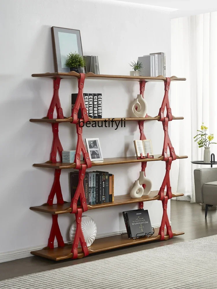 z.Italian-Style Light Luxury Solid Wood Bookshelf Living Room Simple Shelf Floor Designer Model Study Luxury Bookcase Multi-Laye