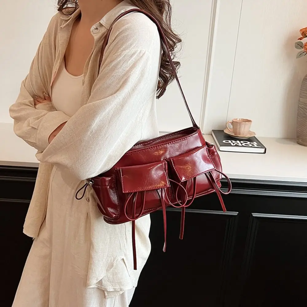 

Double Pockets Design Vintage Shoulder Bags French Commuting Gentle Underarm Bag Handbags Silver PU Leather Totes Bags Women