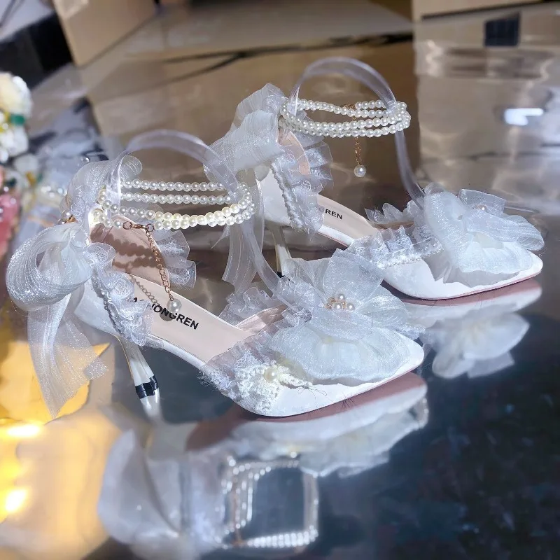 

Original Handmade Lolita Shoes Versatile Flower Wedding High Heels Pointed Sweet Elegant Girl Loli Palace Style Wedding Shoes