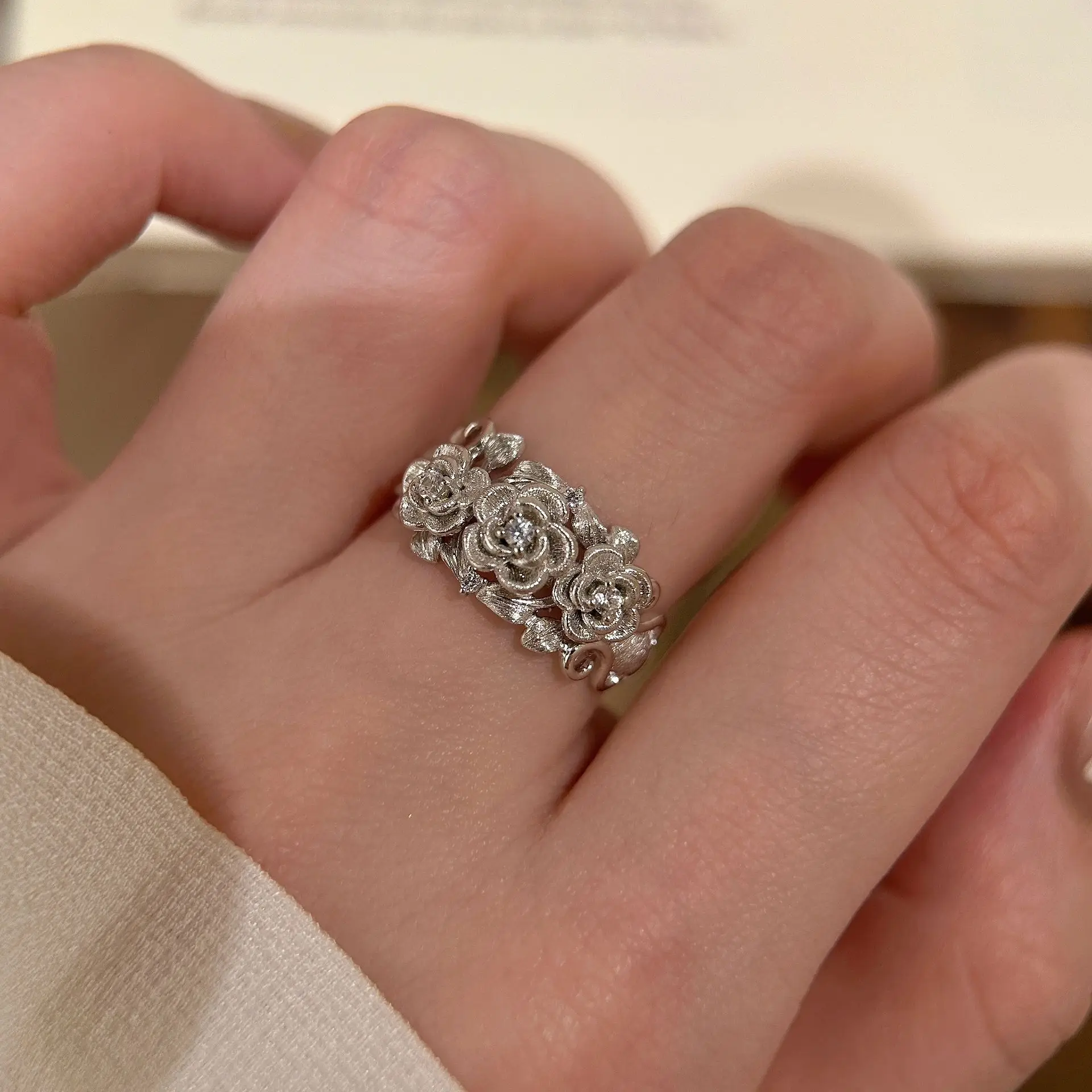 S925 Sterling Silver Rose Flower Zircon Ring Matte Brushed Finish Vintage Medieval Floral Band for Women Romantic Fine Jewelry
