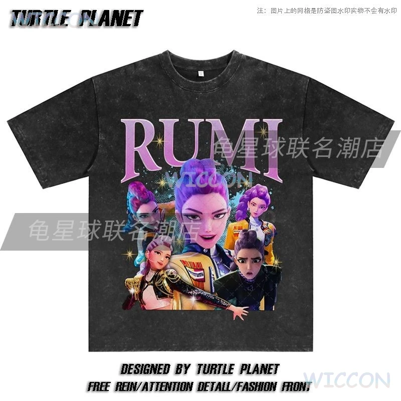 Anime K-Pop Demon Hunters Rumi Cosplay Oversize Washed T-shirt Women Men Vintage O-Neck Short Sleeve T-Shirt
