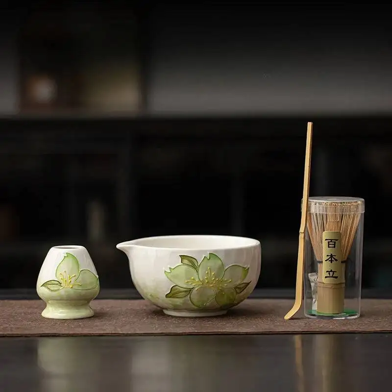 1/2/4/8PCS Hand-Painted Floral Matcha Set - Matcha Whisk, Ceramic Tea Bowl, Matcha Stirrer, Whisk Stand, Ceramic Tea Tools Set