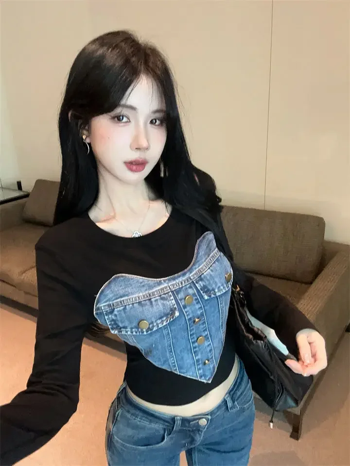 Korean Version Love Denim Patchwork Long Sleeved T-shirt for Spicy Girls Short Top for Women