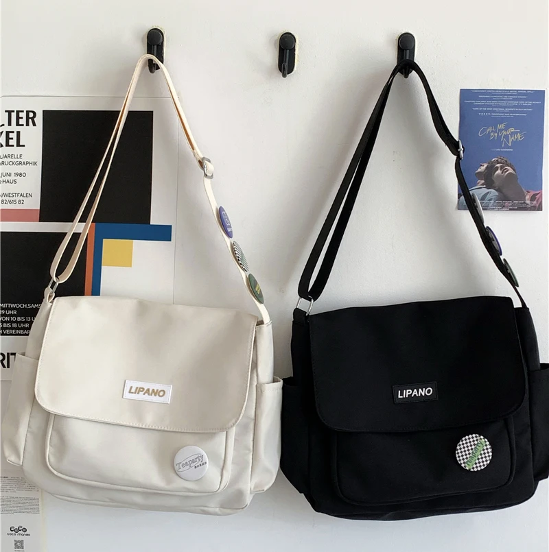 Simple School Student Shoulder Bag Nylon Handbags Solid Color Leisure Large Capacity Messenger Bag Male Female Tote Bag