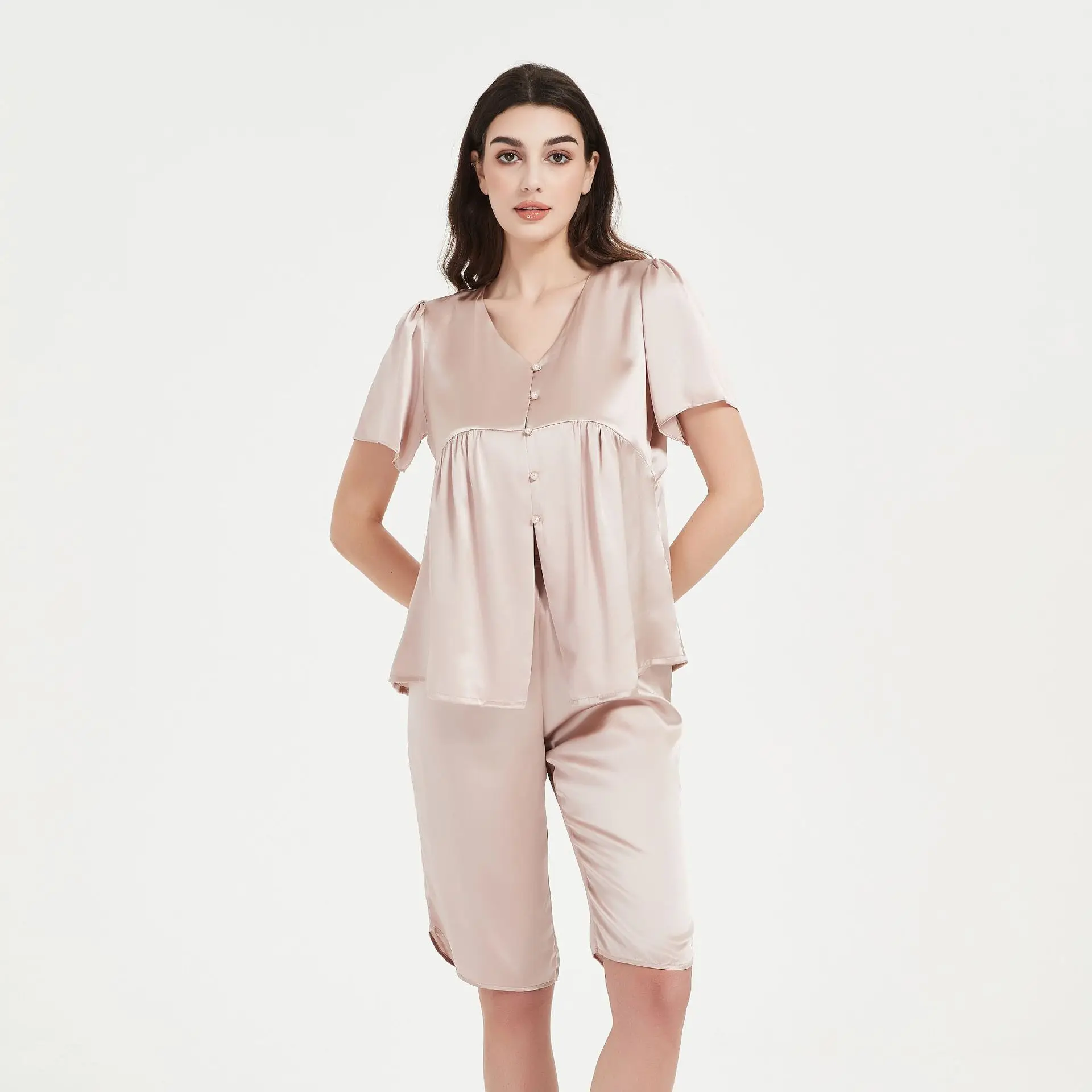 

Women's 2-Piece Silk Pajama Set 100% Mulberry Silk Summer Loungewear PJ V-Neck Button-Front Short Sleeve Top & Mid-Thigh Shorts
