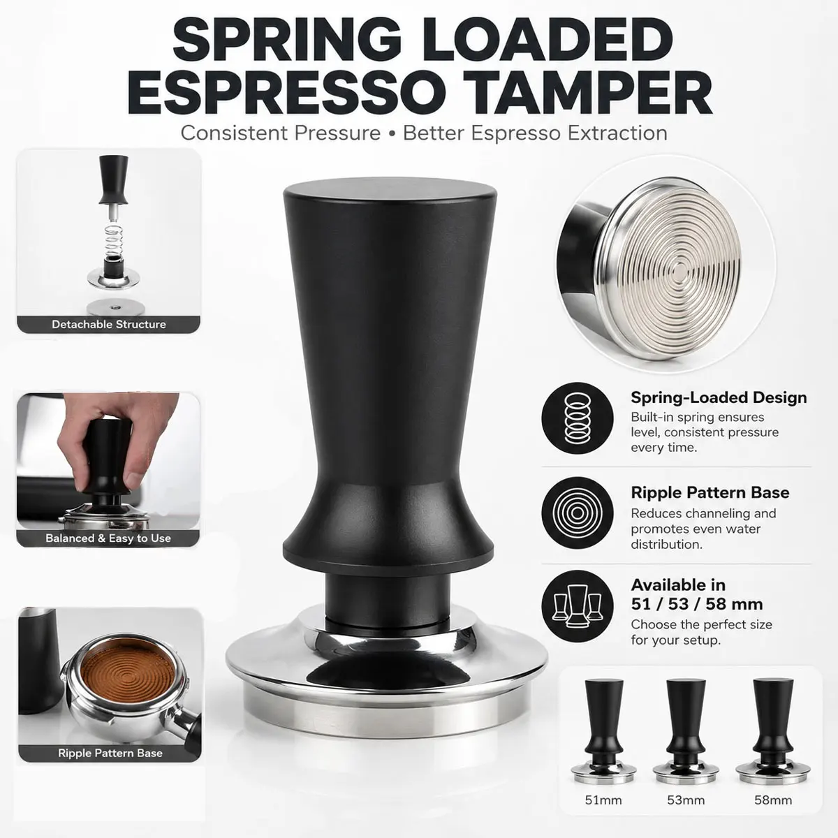 1pcs 51/53/58 mm Coffee Tamper, Tamping Tool, Aluminum Handle and Stainless Steel Base, Professional Coffee Leveler Tool.