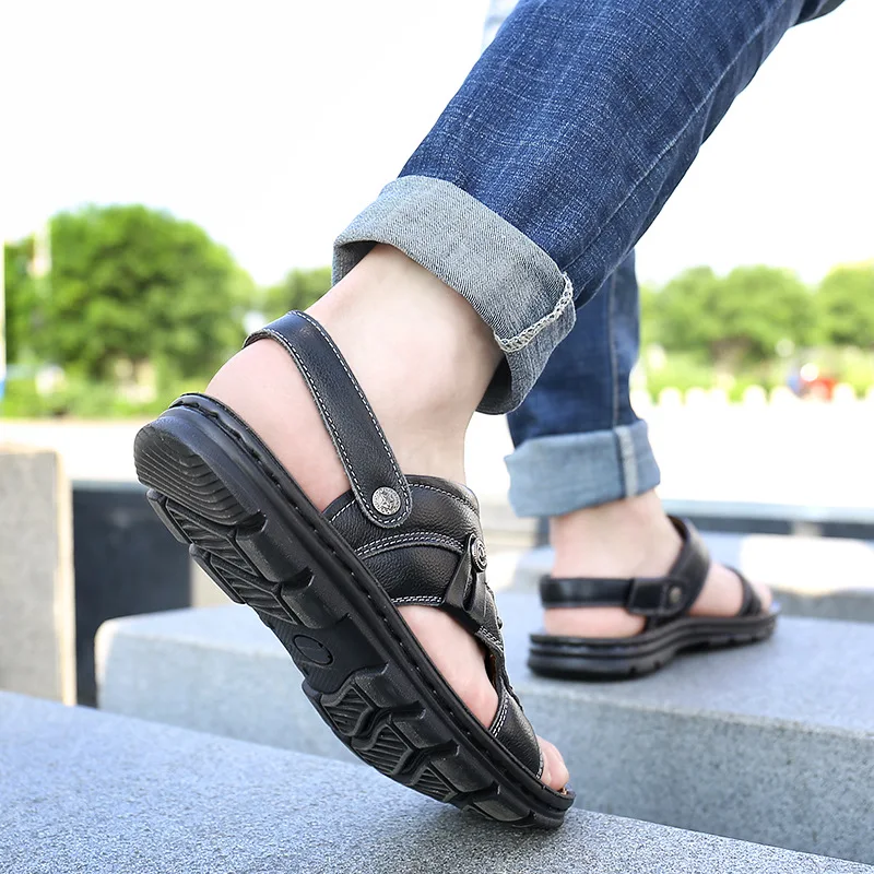 Sandálias masculinas de couro genuíno, chinelos de sola grossa, sapatos de praia casuais esportivos, retro Roma