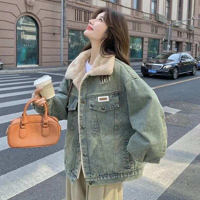 Abrigo de vaquero americano para mujer, Parka gruesa con forro polar de invierno, Chaqueta de algodón holgada, prendas de vestir exteriores, abrigos cálidos informales, 2025