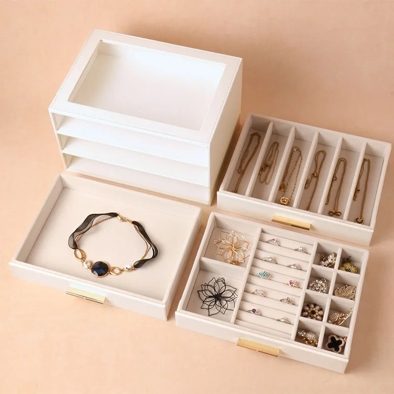 صندوق مجوهرات جلدي، صناديق تخزين حلقية بسيطة، قلائد فاخرة، أقراط عرض، منظم مجوهرات، هدية كوة زجاجية