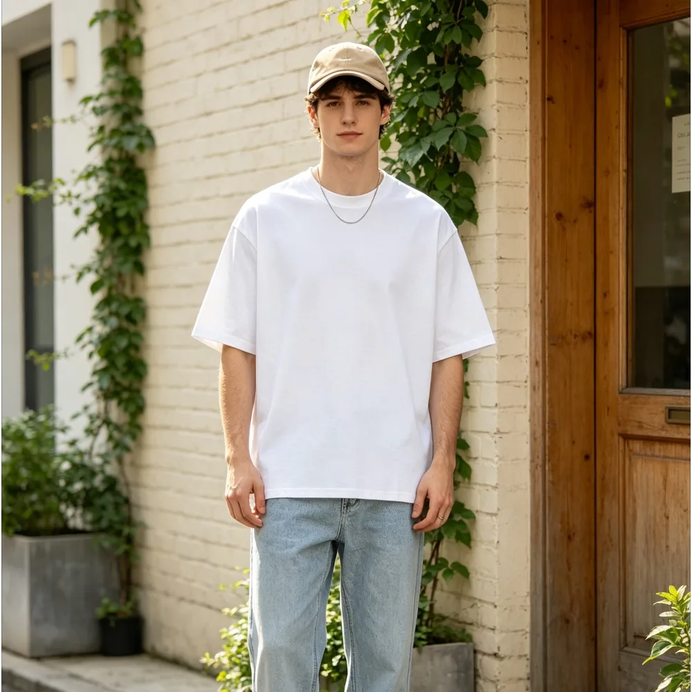 Oversized Plain Blank T-shirt Men Soft Cotton Loose Solid Color Minimal Basic Casual Daily Streetwear Tee