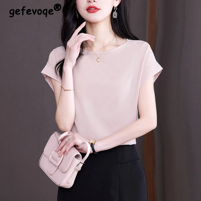 2024 Summer Women Fashion Simple Elegant Blouse Office Lady Casual Short Sleeve Shirt Solid O Neck Loose Tops Blusas Para Mujer