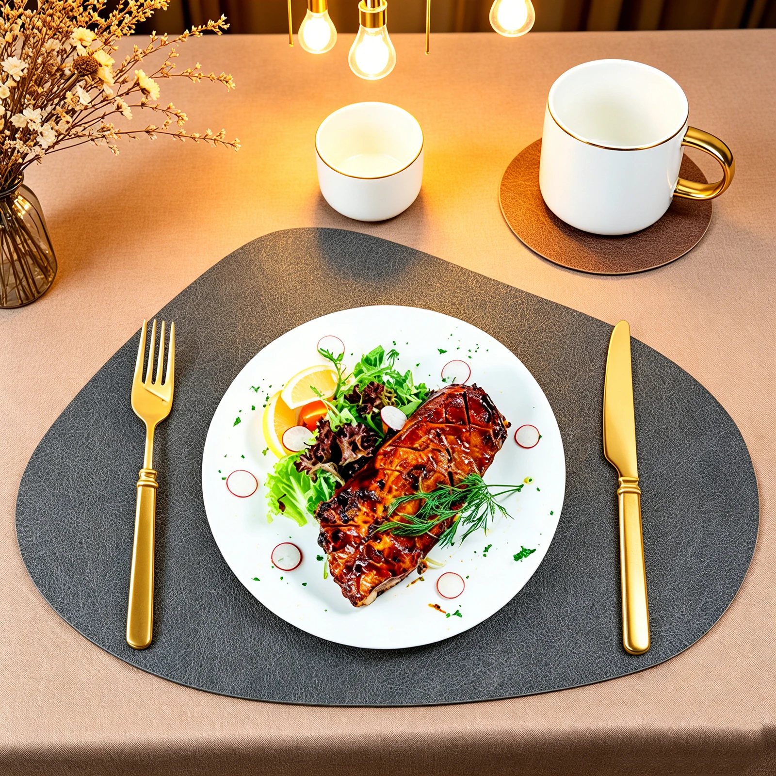 Nordic PU Leather Placemat & Coaster Set - Teardrop 42.5x34cm + Round 10cm,Double-Sided Non-Slip Waterproof Oil-Proof(1-10 Sets)