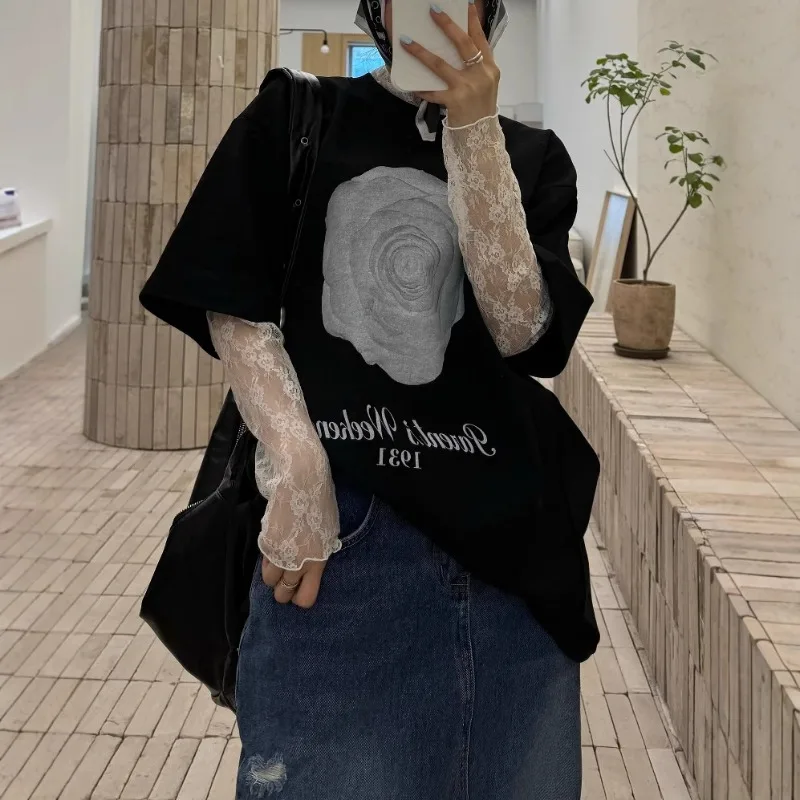 韓国風ローズレースブラウス レディース 2025 長袖 ラウンドネック シースルー 重ね着トップス