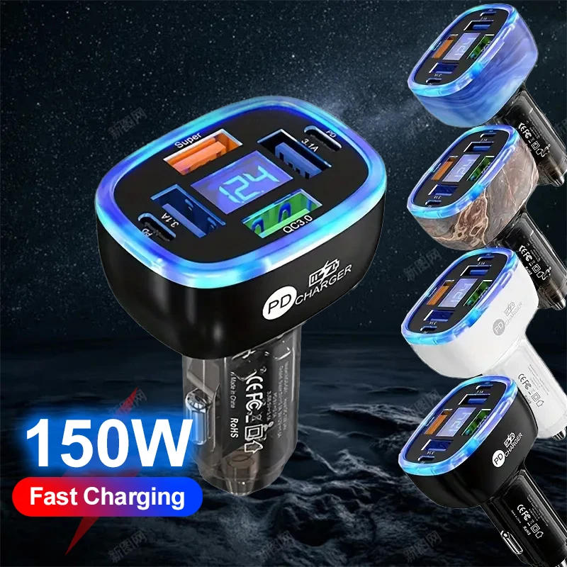 150W 6 In 1 USB Ports Car Charger Fast Charging Socket Adapter USB C Car Phone Charger For iPhone 15 Samsung Xiaomi Huawei