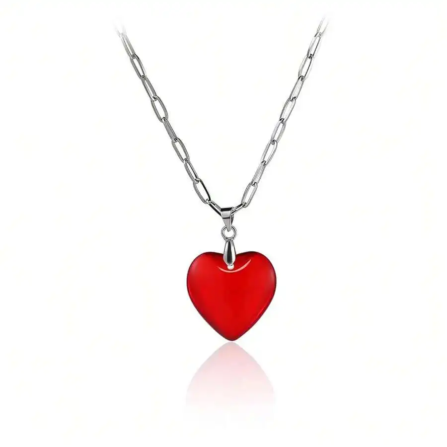 

Red Glass Heart Pendant Necklace with Stainless Steel Link Chain