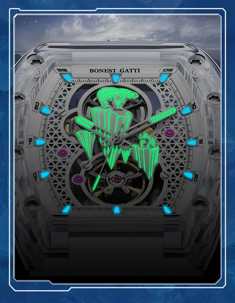 BONEST GATTI Men Automatic Watch 45*53mm Tonneau Mechanical Wristwatch Sapphire Luminous Polar Bear Dial Fluororubber Strap