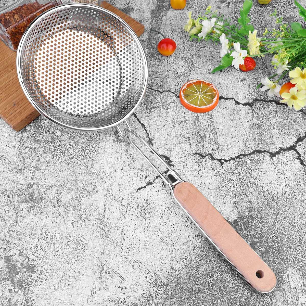 

Stainless Steel Strainer Large 16cm Wooden Handle Perforated Skimmer for Home Kitchen Restaurant Heat Resistant Ergonomic Design