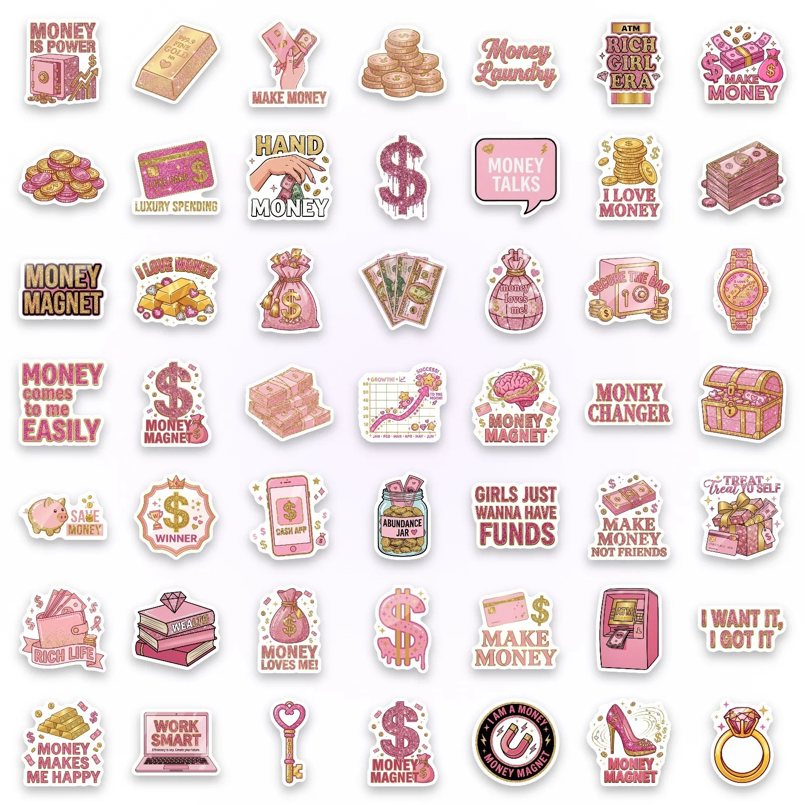50Pcs Pink Gold Money Theme Stickers Vinyl Decals for Phone Scrapbook Skateboard Guitar Luggage Car Vase DIY Decor