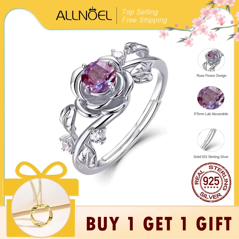 

ALLNOEL 0.5ct Alexandrite 100% 925 Silver Rings For Women Color Changing Gemstone Flower Romance Wedding Gifts June Birthstone