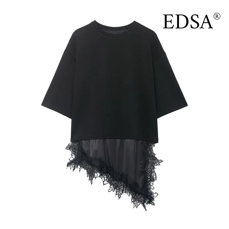 EDSA المرأة الساتان الدانتيل المرقعة تي شيرت نمط فستان قصير قصير الأكمام س الرقبة الصيف بلون Y2K الشارع الشهير #4