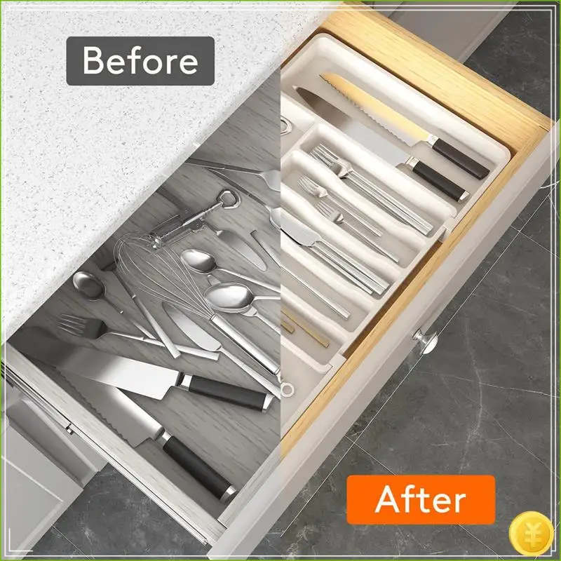 Cutlery Drawer Organiser, Expandable Utensil Tray For Kitchen, Adjustable Silverware And Flatware Holder