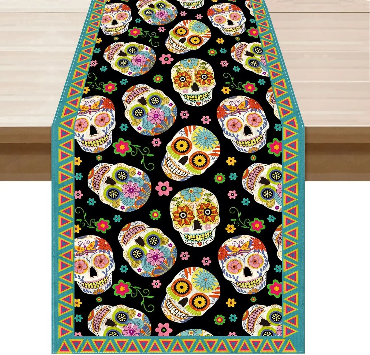 1Pc Day Of The Dead Style Table Runner Black Sugar Skull Pumpkin Print Table Cover For Halloween Party Dining Table Decoration T