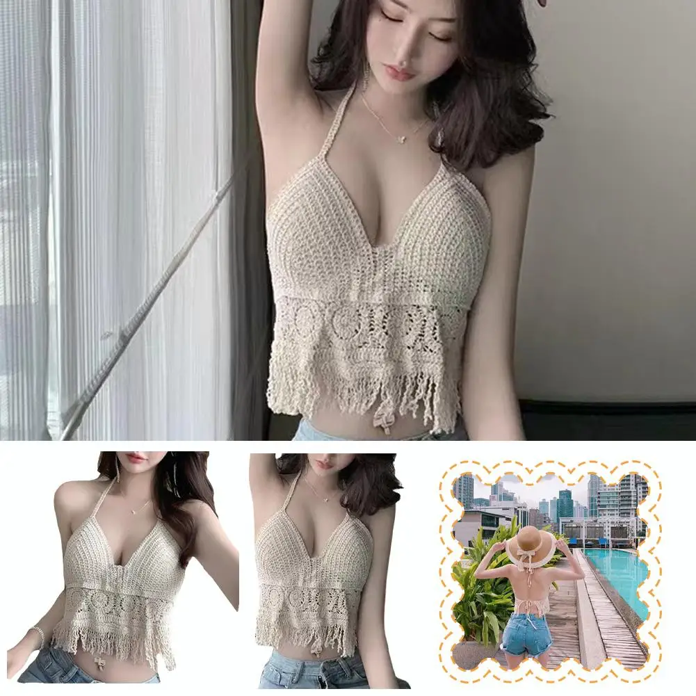 

Sexy Boho Beach Holiday Camisole Halter Women Crochet Tassel Bra Women's Swimsuit Backless Crop Top Vest Tops Tank Hollow K V9N0