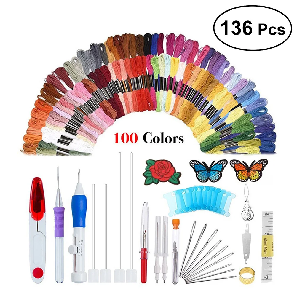 

136Pcs Embroidery Patterns Punch Needle Kit Craft Tool for Home Decor Textile Art Projects with Interchangeable Needles and