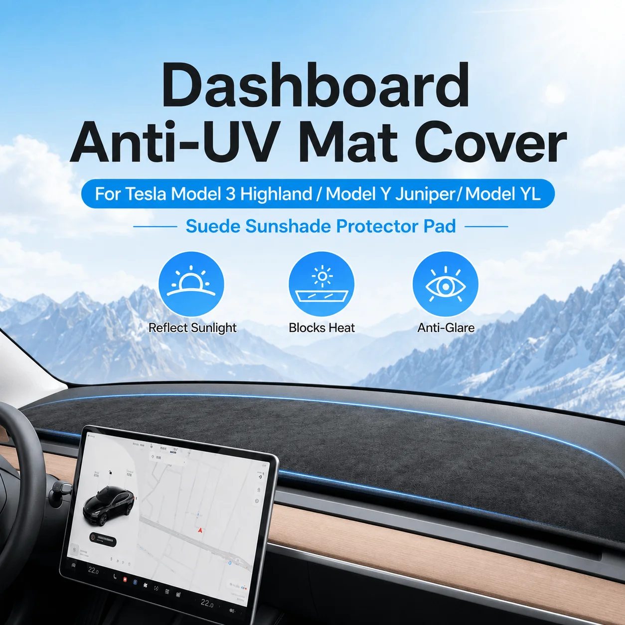Housse de protection anti-UV pour tableau de bord Tesla Model 3 Y 2021-2026 Juniper Highland MYL en daim, pare-soleil, accessoires de voiture