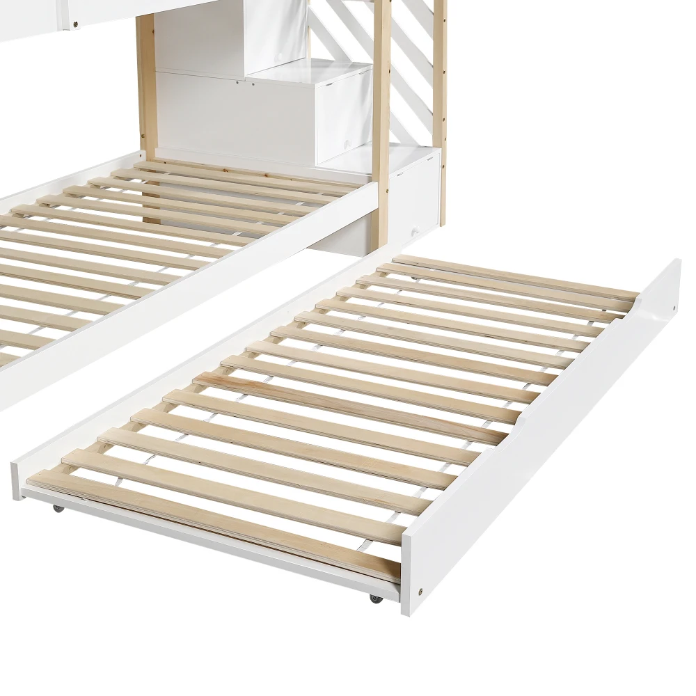 PINGGO Naturweißes Holzhausbett 90x200+90x190cm Kinder-Etagenbett mit Rutsche, Treppe, 3 Schubladen, Sicherheitsgeländer, ohne Matratze – Detail 25