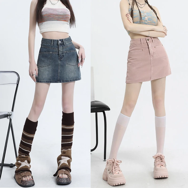 

Woman Korean Style High Waist Skirts Lady Fashion Casual Mini Skirts Female Y2k Harajuku Blue Pink Denim A Line Dress Clothes