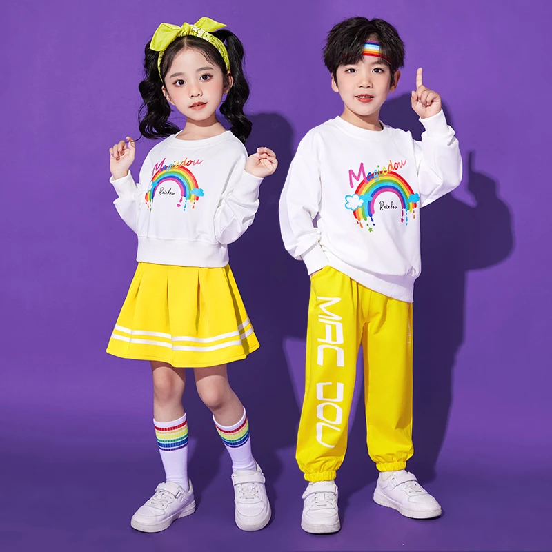 Child Hiphop Style Streetwear Clothes Set Kids Rainbow T-shirt Trousers Dance Costume Suit Twin Boy Girl Performance Clothing