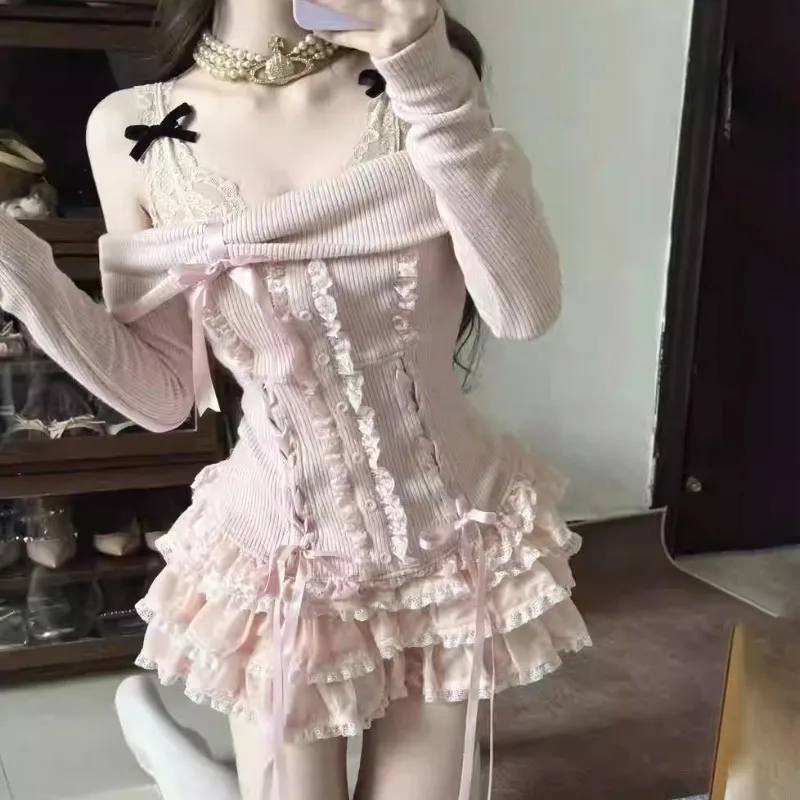 Sweet Cute Girl Spliced Lotus Leaf Edge Waist Cinching Slim Slash Neck Top High Waist Cake Skirt Two Piece Sets Pink New Clothes