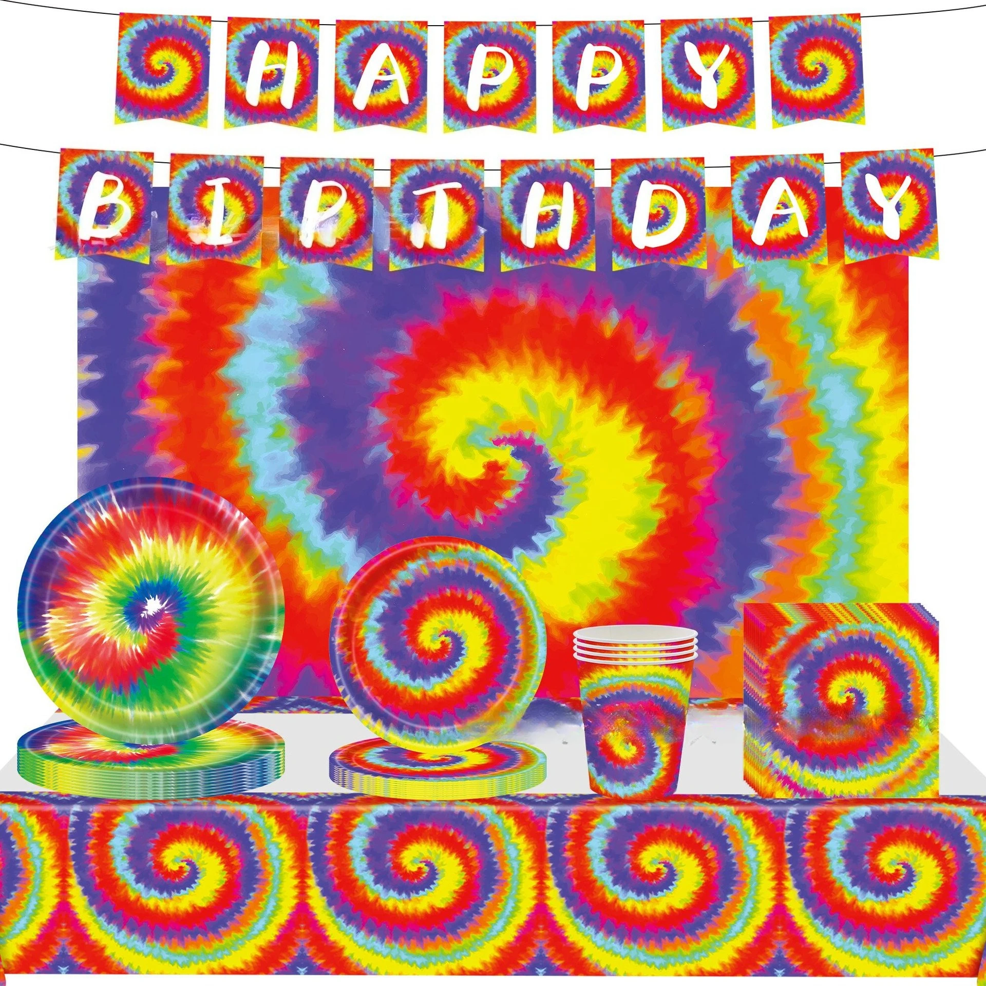 16 stücke Bunte Tie Dye Themen Geburtstag Party Dekoration Papier Handtücher Pappbecher Pappteller Tischdecken Geschirr Sets Liefert
