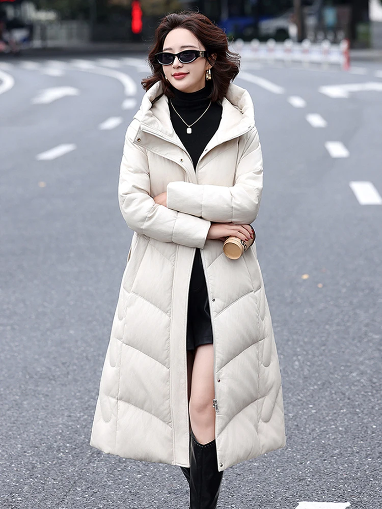 Cappotto Duffel in Vera Pelle di Pecora da Donna Inverno 2025, Lunghezza Media, Vestibilità Slim, con Cappuccio, Stile Haute Couture, Giacca in Pelliccia Coreana