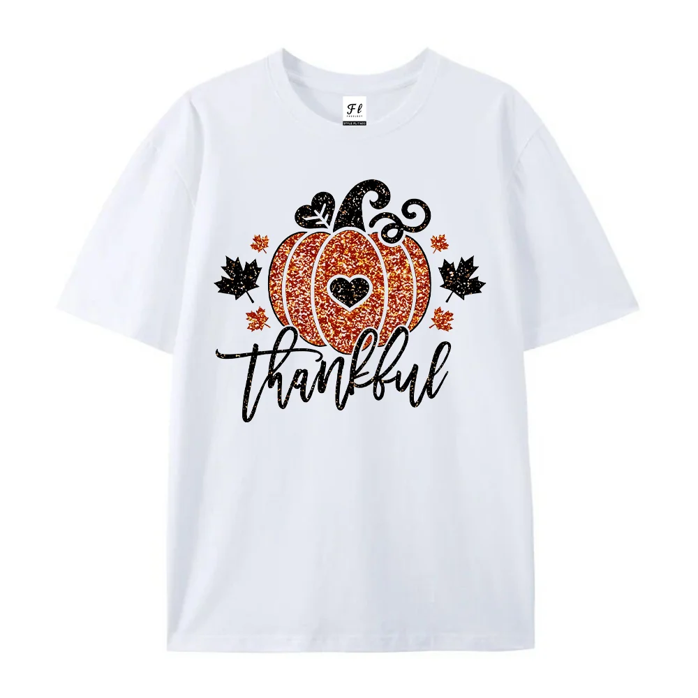 Women T Shirt Thankful Glitter Pumpkin Graphic Print Autumn Short Sleeve Cotton Oversized Casual Tee Tops Female Apparel