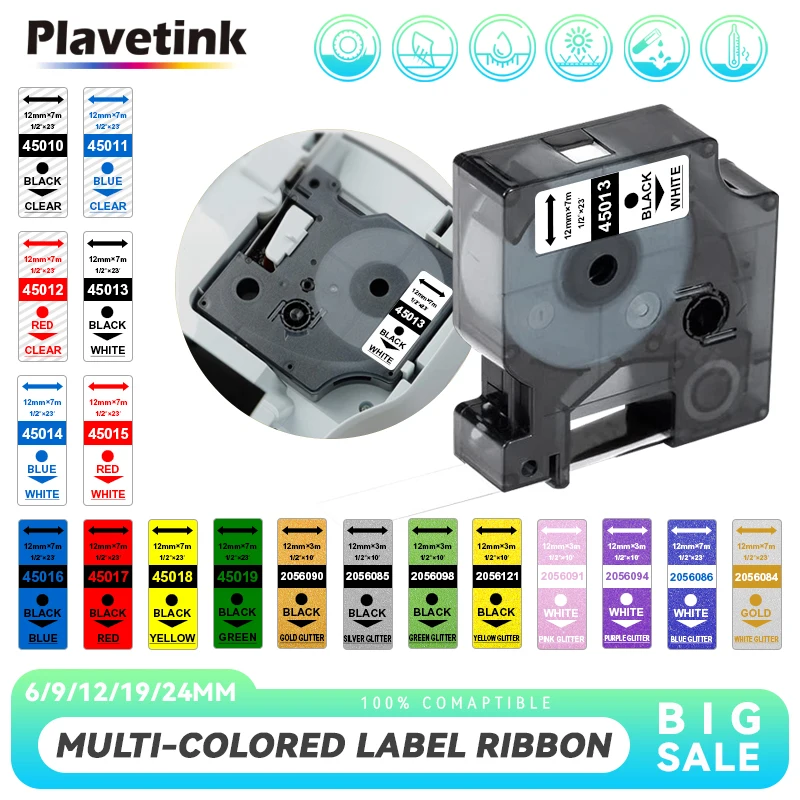 PLAVETINK 1PC 45013 45010 45018 40913 Labeling Tape Cartridge Compatible for Dymo D1 LabelManager Writer Maker 280 160 260P 300