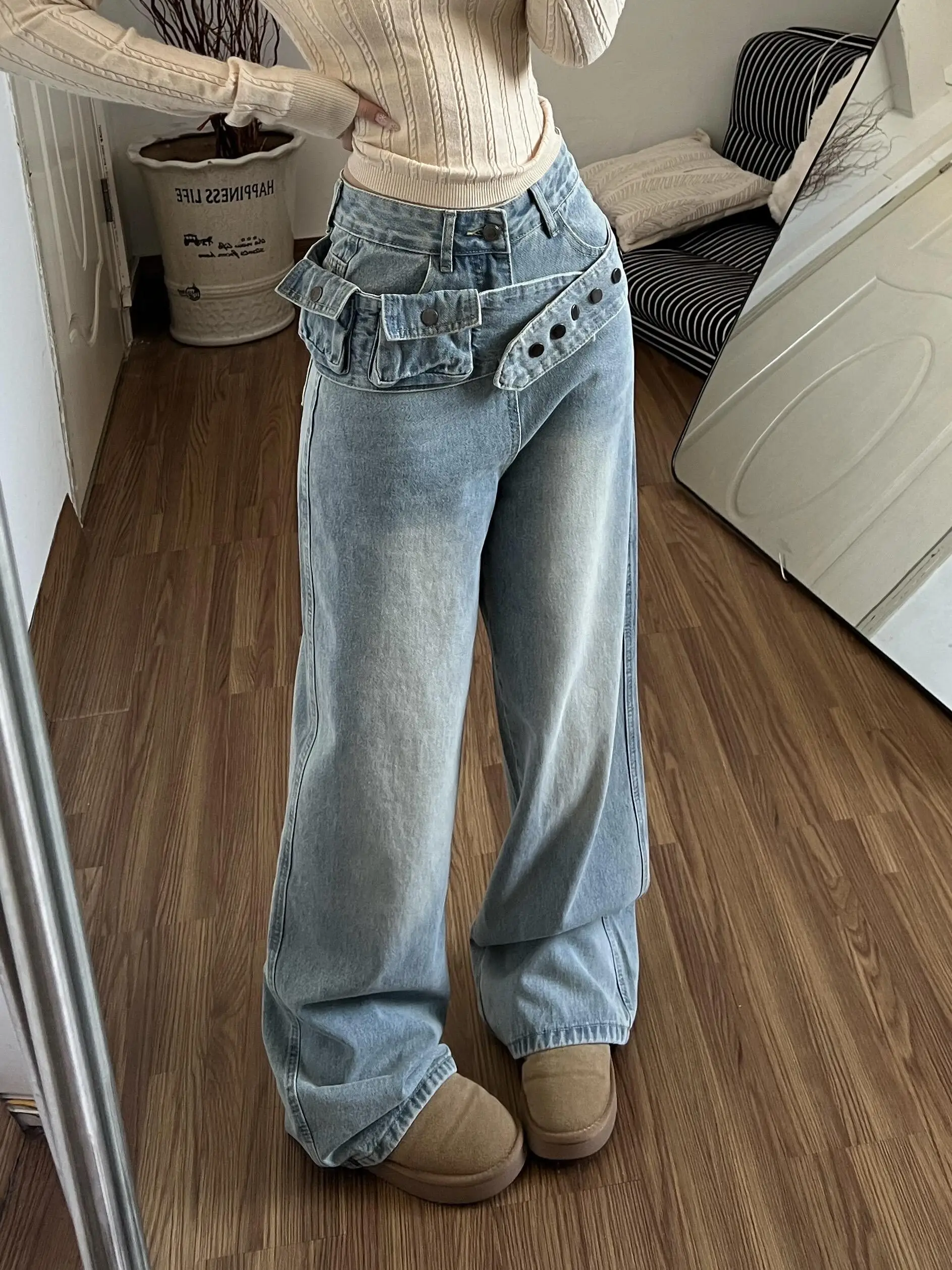 

American Retro Detachable Belt Light Color Wide Leg Jeans Women Design Loose Slim High Waist Straight Tube Long Pants