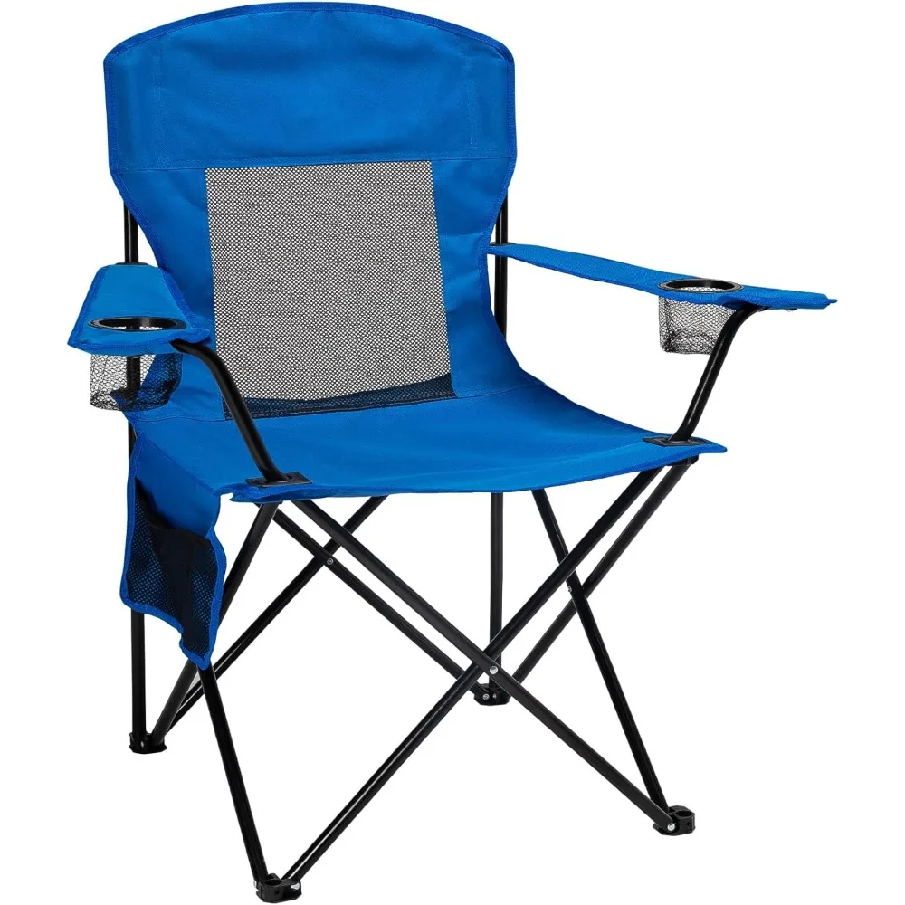 Draagbare Kampeerstoel Opvouwbare Quad Outdoor Gazonstoelen Koel Mesh Rug, Verstelbare Armhoogte, 2 Bekerhouder