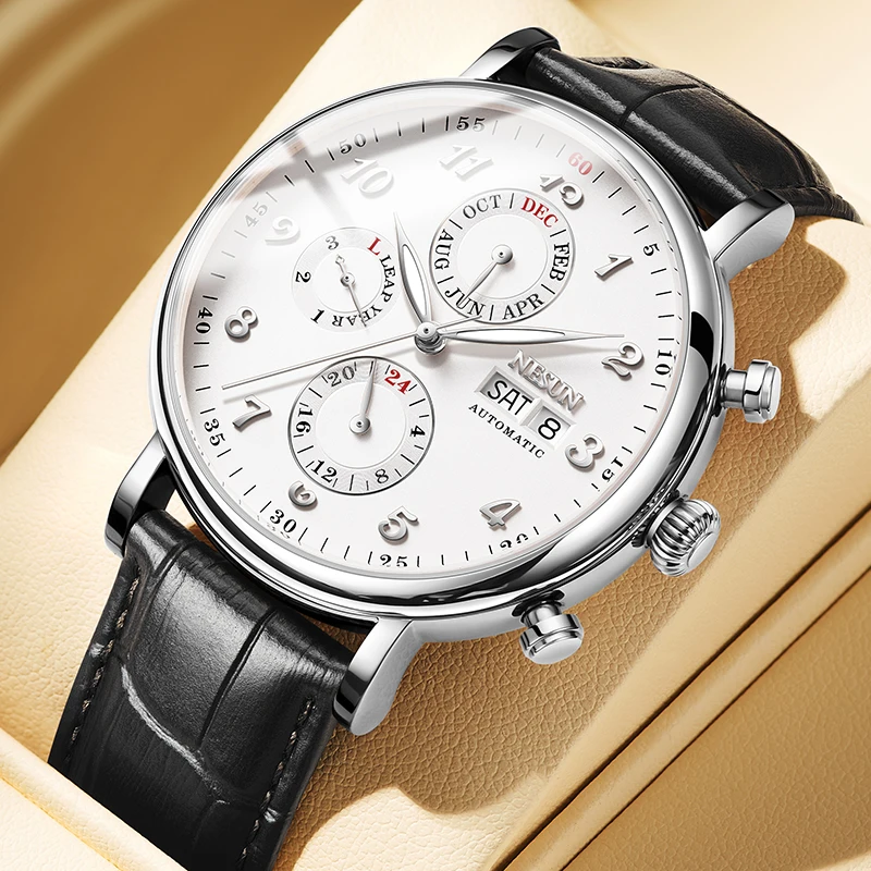 ساعة NESUN ميكانيكية أوتوماتيكية للرجال مع هيكل من الفولاذ المقاوم للصدأ مضيئة متعددة الوظائف، ساعة رجال الأعمال الكلاسيكية