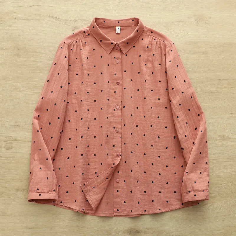 Autumn women clothing two layer 100% cotton yarn green polka dot print shirts long sleeve blouses for women tops lady clothes