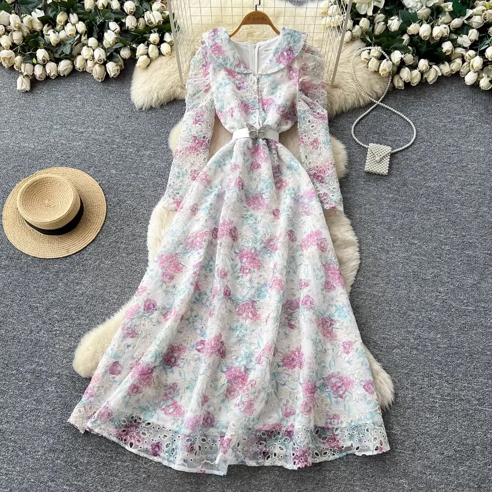 

Spring Holiday Crochet Lace Embroidery Hollow Out Floral Print Party Dress Women's Long Sleeve Pearl Buttons Up Belt Clothing