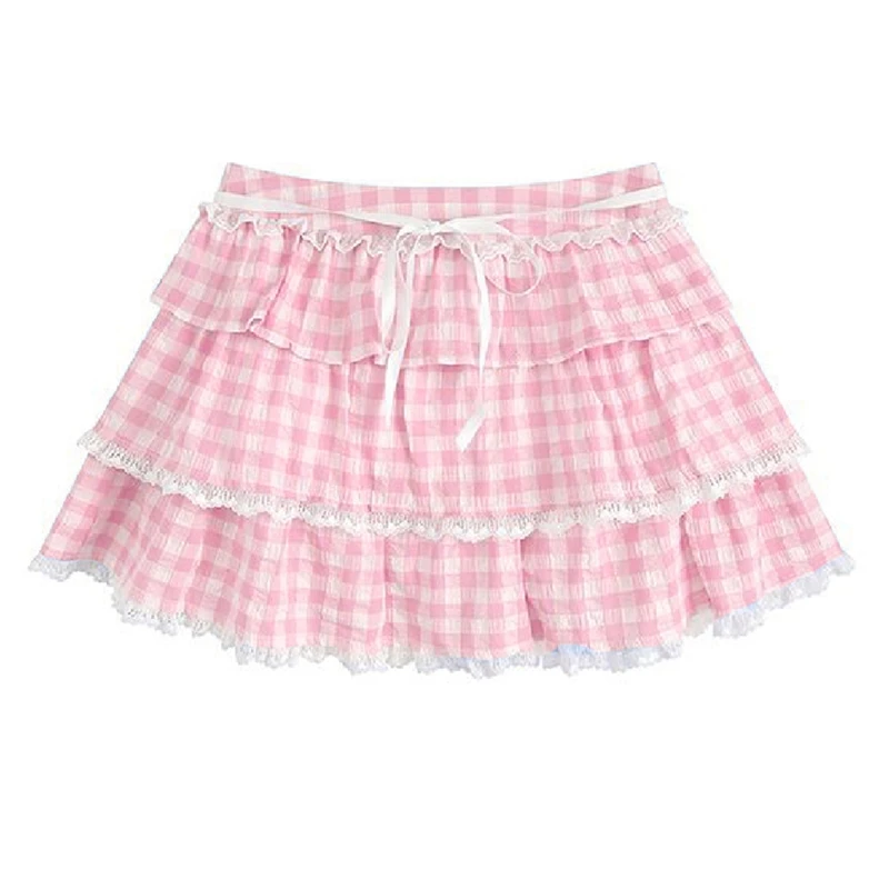 Maemukilabe Lolita Style Gingham Layers A-line Skirt Japanese Kawaii Lace Trim Mini Skirt Y2k Aesthetic Plaid Skirt Streetwear