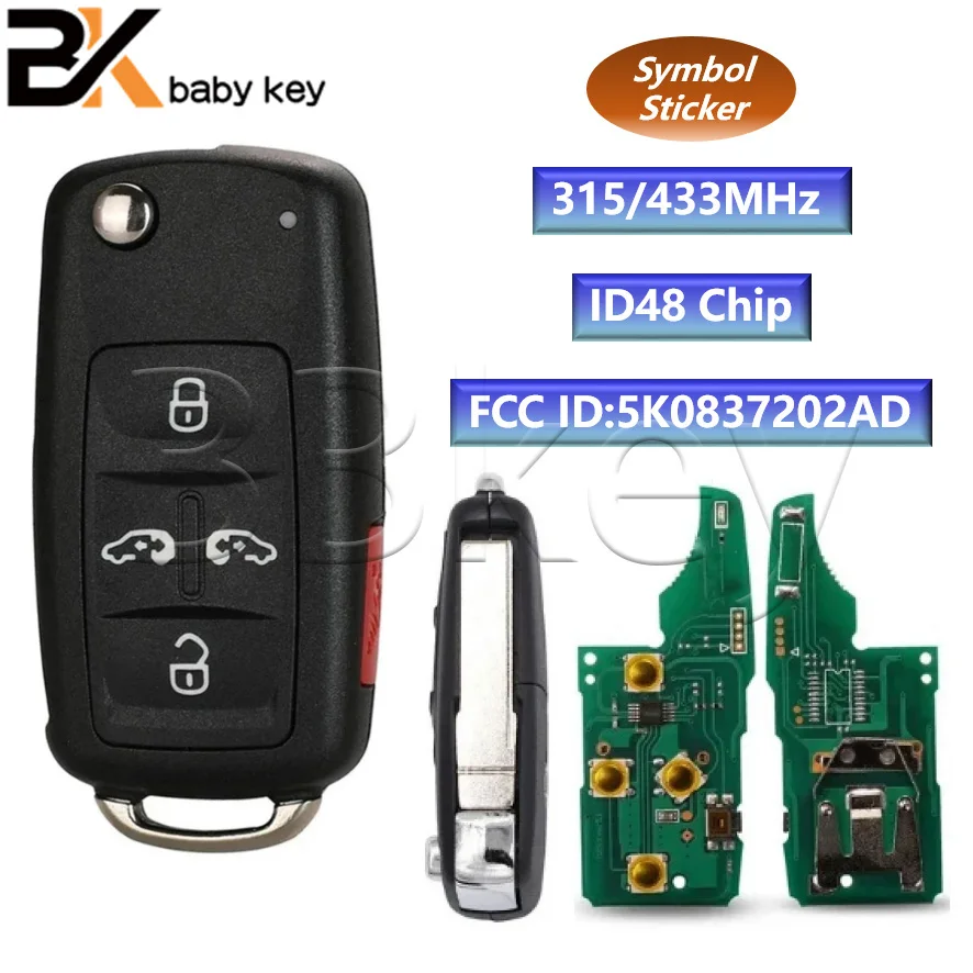 BB Key for VW Sharan Multivan Caravelle 315/433MHz ID48 Chip FCC ID:5K0837202AD 5 Buttons Flip Folding Remote Car Key Volkswagen