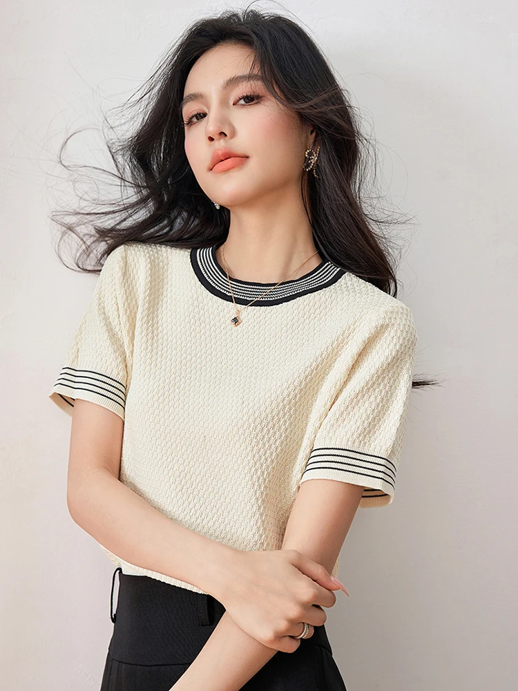 2024 Summer New French Retro Style Short Sleeved T-shirt Loose Casual Knit Tops Women Fashion Pullover