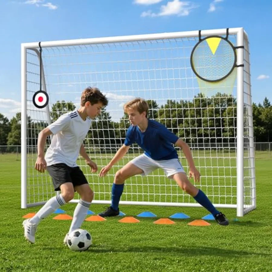 

Backyard soccer training: sturdy metal frame, black, includes shooting target net and 12 cones for kids, teens, adults