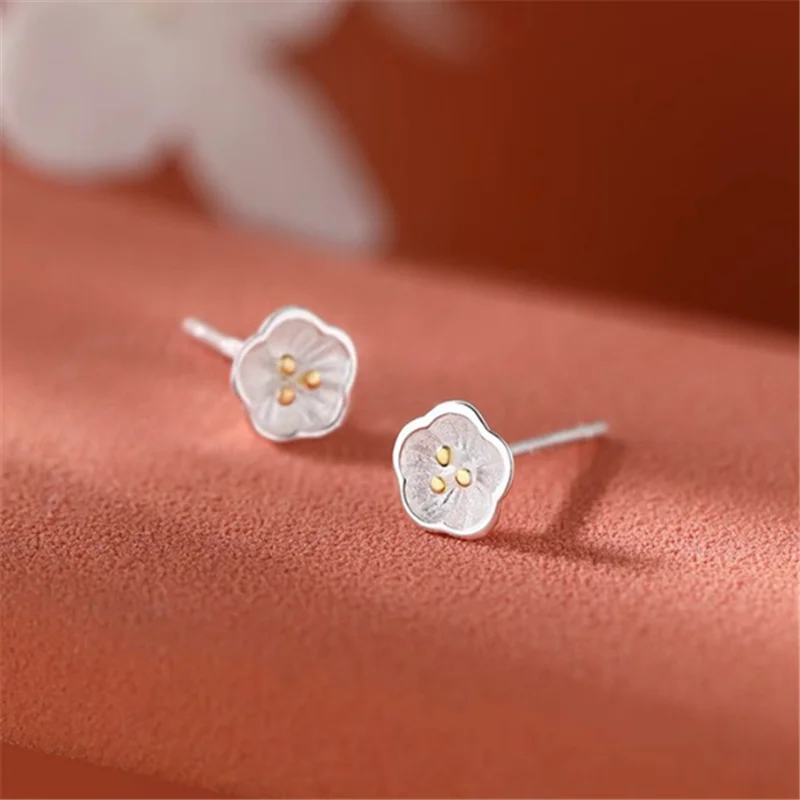 New High Quality 925 Sterling Silver Golden Stamen Flowers Stud Earrings For Women Girl Jewelry Gift Brincos LE016