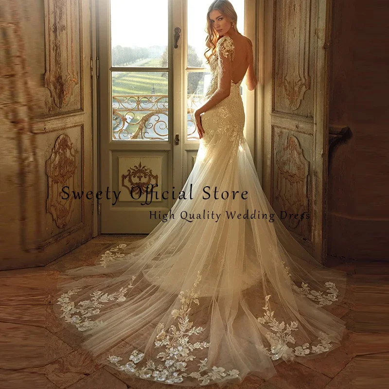 สง่างามเงือกชุดแต่งงานปักลูกไม้สุทธิกับO-คอShortsleeves BridedressเปลือยVestido De N Oviaที่กําหนดเอง