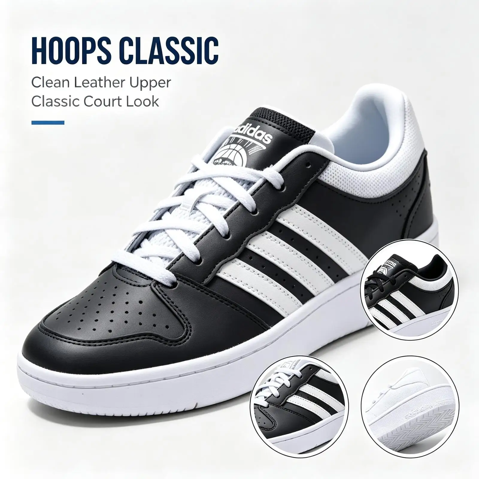 Adidas HOOPS CLASSIC KI1056 Black White Men Low Top Sneakers Synthetic Rubber Sole Classic 3 Stripes Shoes Free returns