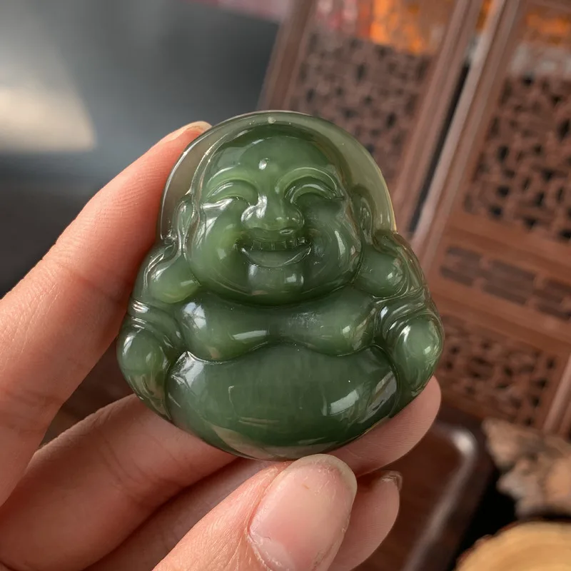 Russian Jasper Maitreya Pendant Women, Bright Green Laughing , Hetian Big Belly Buddha Jade Pe